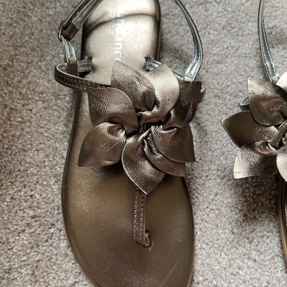 Sundance Champagne Metallic Leather Sandals with Floral Embellishment